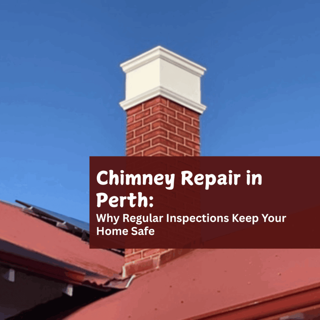 Tuckpointed brick chimney in Perth with blog title text overlay.