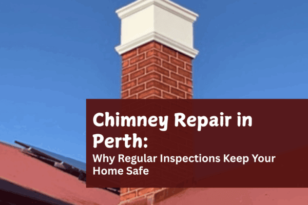 Tuckpointed brick chimney in Perth with blog title text overlay.